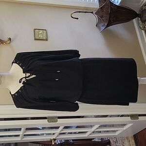 White House Black Market black dress 3/4 Slv laced neckline tie blouson waist M